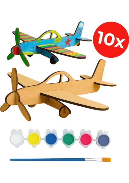 Uçak Etkinlik Seti - Ahşap Uçak Boyama - Uçak Tasarım Kiti - 10'lu