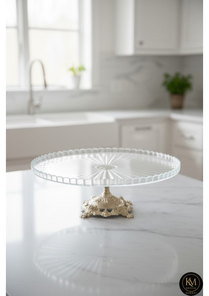 El Yapımı Kristal Beyaz Gold Detaylı Vertical Desenli Ayaklı Dekoratif Sunumluk Ayaklı Kase