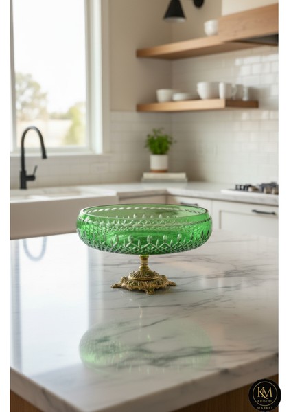 Kristal Kesme Gold Ayak Yeşil Kase