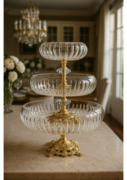 El Yapımı Kristal Vertical Desenli 28-22-16 cm Dekoratif Sunumluk Ayaklı Kase Set 3'lü