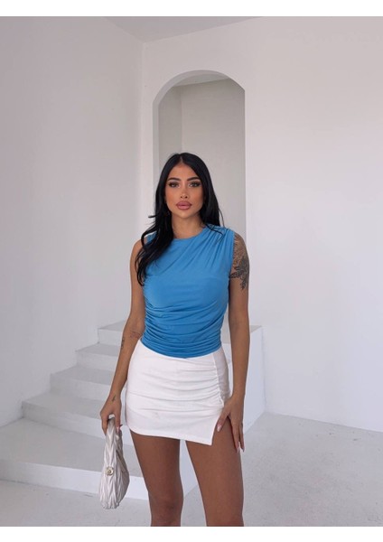 Sandy Kumaş Drapeli Sıfır Kol Slim-Dar Bluz fiyatları