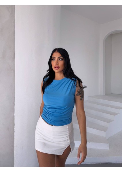 Sandy Kumaş Drapeli Sıfır Kol Slim-Dar Bluz modelleri