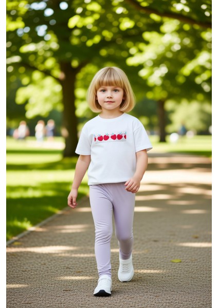 Kız Çocuk Pamuklu Meyve Baskılı ve Payetli Bisiklet Yaka Kısa Kollu T Shirt ve Tayt Takımı