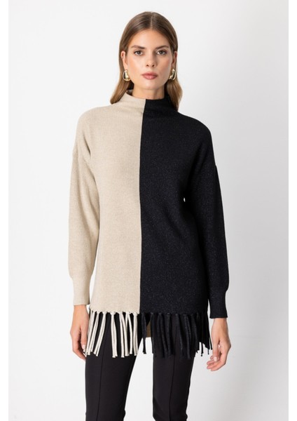 Kadın Simli Kumaş Püsküllü Kazak 65377 Bej