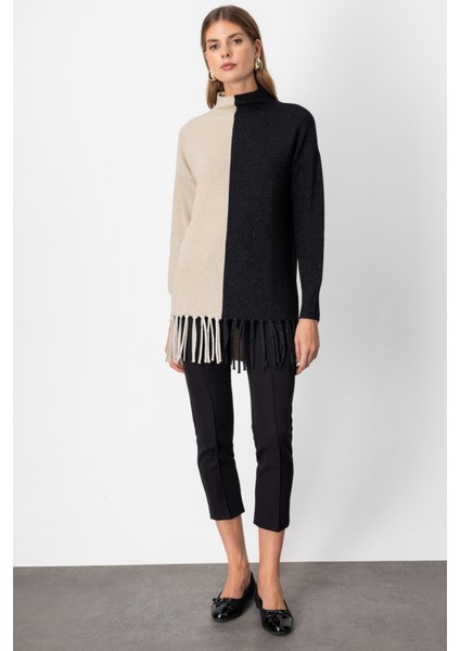 Kadın Simli Kumaş Püsküllü Kazak 65377 Bej modelleri