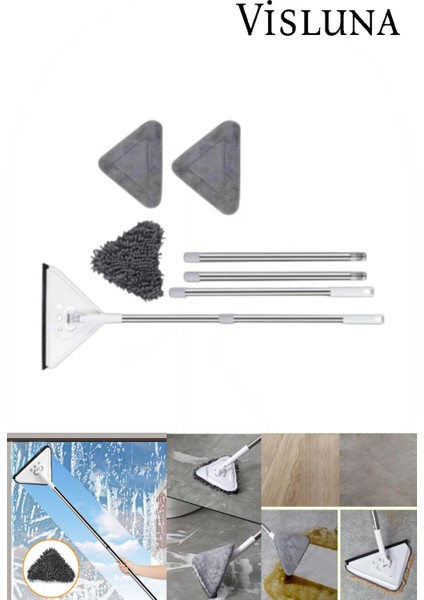 ( 3 Bezli ) Üçgen Mop Cam Silme ve Profesyonel Temizlik Seti Aparatı Paspas Mop