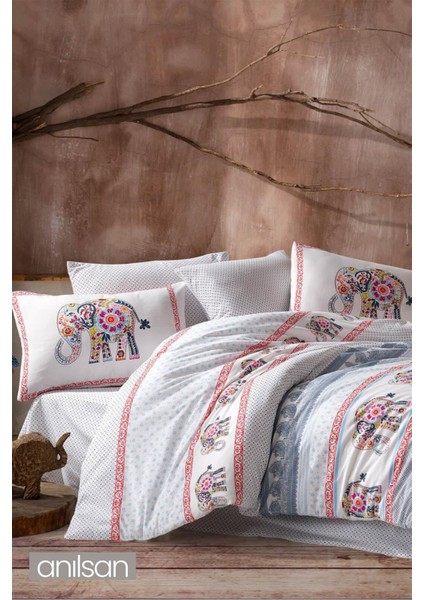 Fil Desenli Baskılı Çift Kişilik Nevresim Takımı Etnik Desen Pamuklu