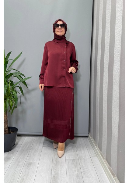 Saten Pliseli Etek Takım Bordo 38015