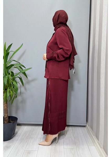 Saten Pliseli Etek Takım Bordo 38015 fiyatları