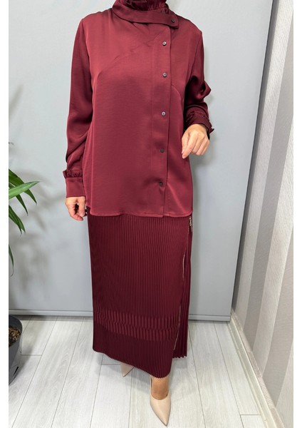 Saten Pliseli Etek Takım Bordo 38015 modelleri