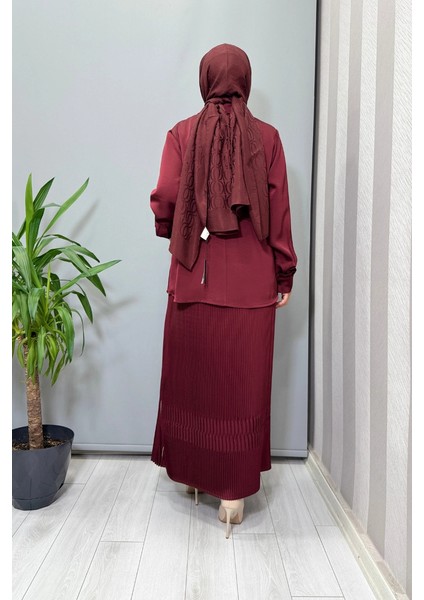 Saten Pliseli Etek Takım Bordo 38015 fırsatları