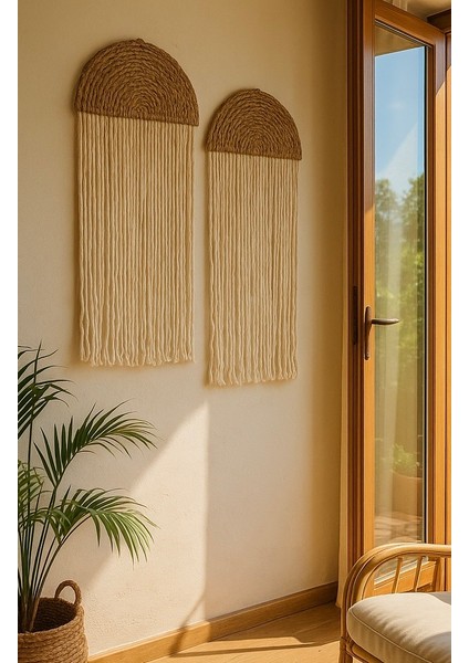 Ikıli Bambu Makrome Duvar Dekorasyonu El Yapımı Bohem Tarz,hediyelik (35 x 75)