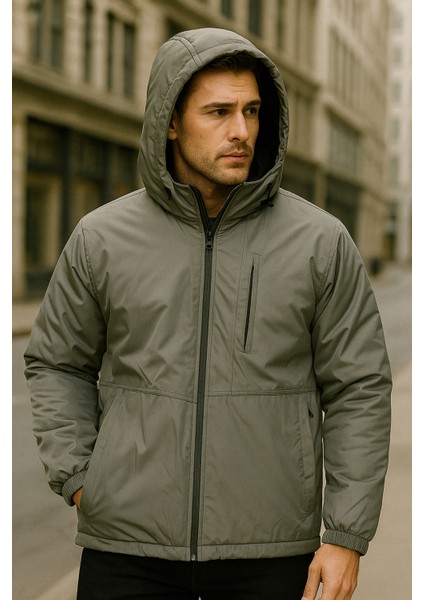 Erkek Kapüşonlu Cep Detaylı Içi Polar Kışlık Mont 2571 Haki