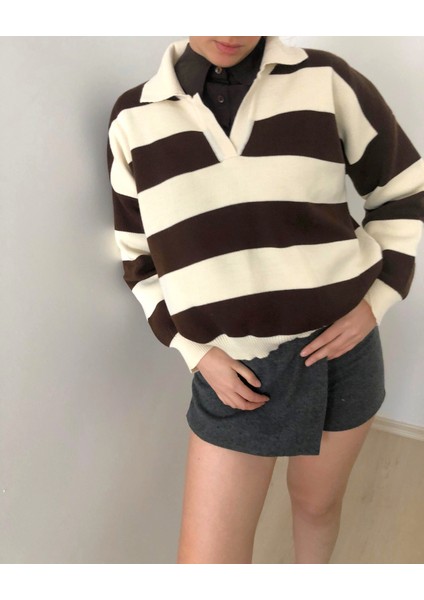 Çizgili Polo Yakalı Kadın Triko Kazak fiyatları
