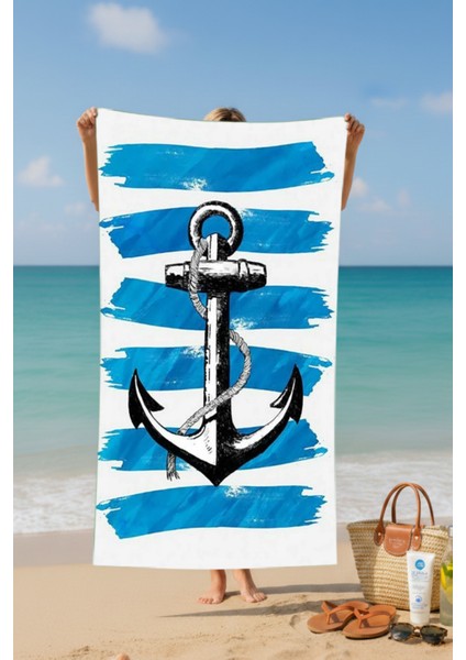 Büyük Çapa Desenli Pamuk Plaj Havlusu – Desenli Tasarım – 75X150 cm fiyatları