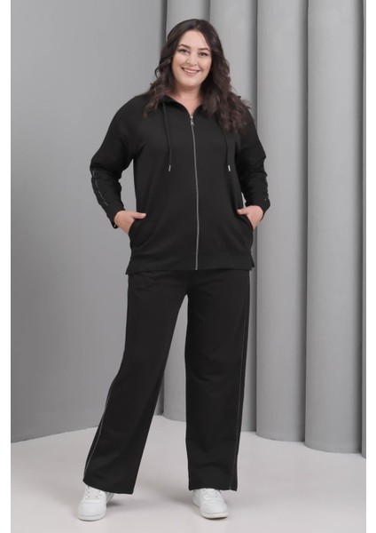 Kadın Büyük Beden Siyah, Biye Detaylı, Kapüşonlu Eşofman Takım 65N39229