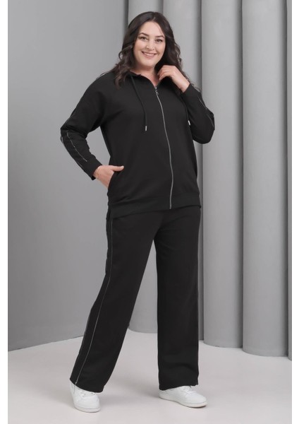 Kadın Büyük Beden Siyah, Biye Detaylı, Kapüşonlu Eşofman Takım 65N39229 fiyatları