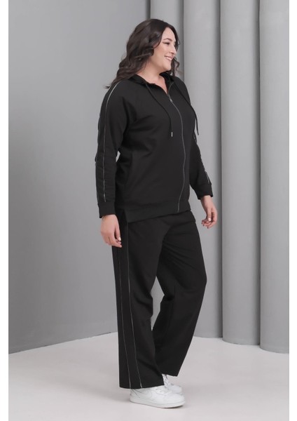 Kadın Büyük Beden Siyah, Biye Detaylı, Kapüşonlu Eşofman Takım 65N39229 modelleri