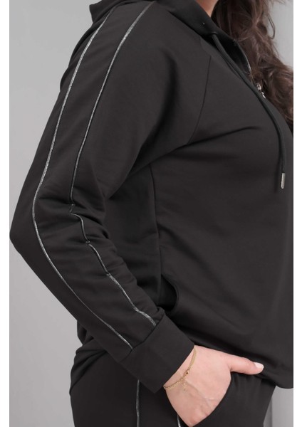 Kadın Büyük Beden Siyah, Biye Detaylı, Kapüşonlu Eşofman Takım 65N39229 indirimleri