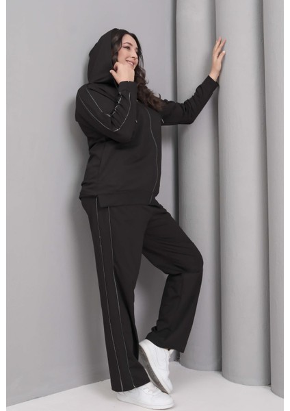 Kadın Büyük Beden Siyah, Biye Detaylı, Kapüşonlu Eşofman Takım 65N39229