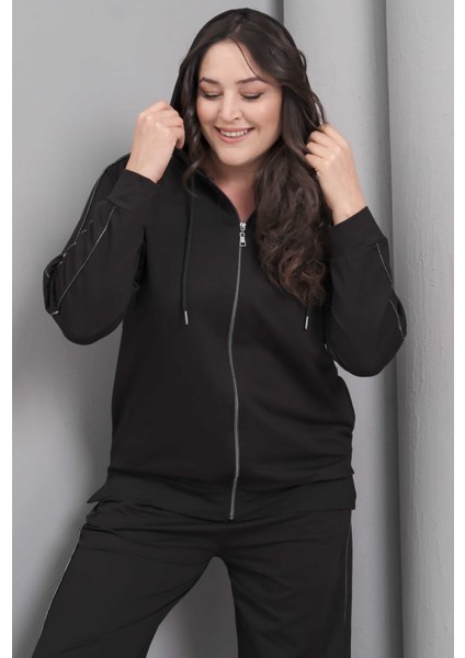 Kadın Büyük Beden Siyah, Biye Detaylı, Kapüşonlu Eşofman Takım 65N39229