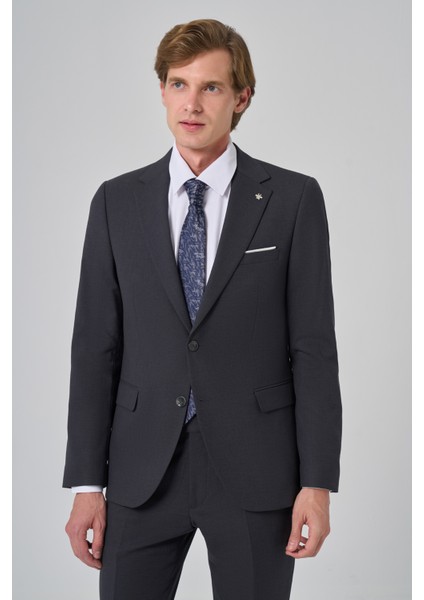 Erkek Füme Yünlü Slim Fit Mono Yaka Takım Elbise