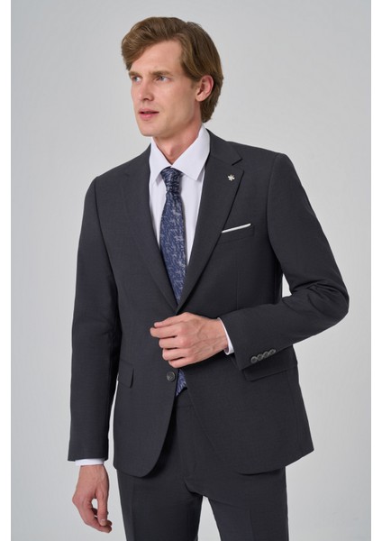 Erkek Füme Yünlü Slim Fit Mono Yaka Takım Elbise modelleri