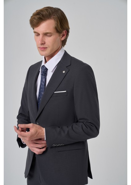 Erkek Füme Yünlü Slim Fit Mono Yaka Takım Elbise fırsatları