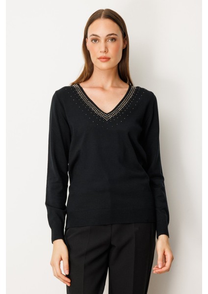 Kadın Yakası Taşlı Triko Kazak 65314 Siyah