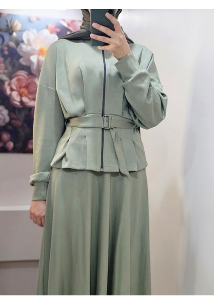 Kadın Tesettür Ikili Takım Etekli Ceketli Kuşaklı Eylül Takım