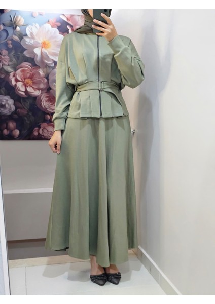 Kadın Tesettür Ikili Takım Etekli Ceketli Kuşaklı Eylül Takım fiyatları