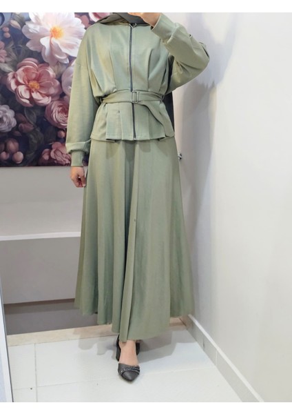 Kadın Tesettür Ikili Takım Etekli Ceketli Kuşaklı Eylül Takım modelleri