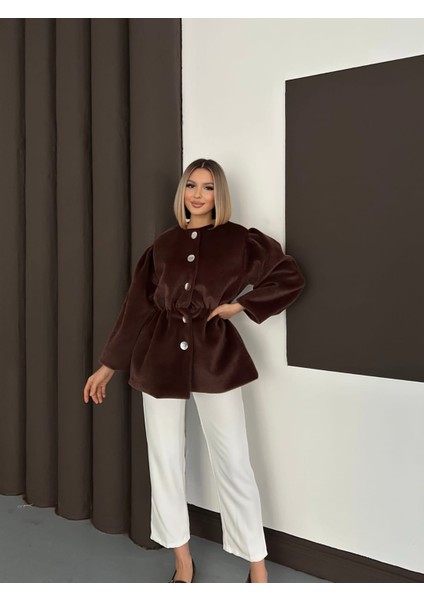 Kadın Fox Kaşe Balon Kol Kısa Kaban – | Oversize Beli Büzgülü Tasarım