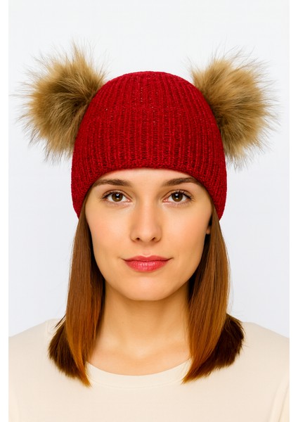 Simli Çift Ponponlu Kadın Örgü Bere Standart