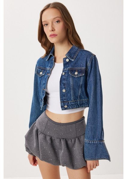 Polo Yaka Crop Denim Ceket LFG0177 Mavi
