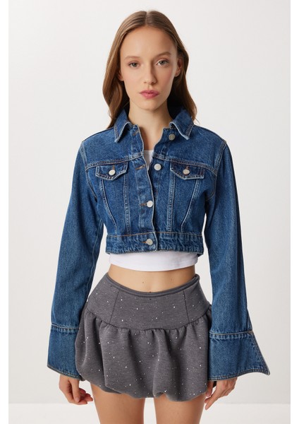 Polo Yaka Crop Denim Ceket LFG0177 Mavi fiyatları