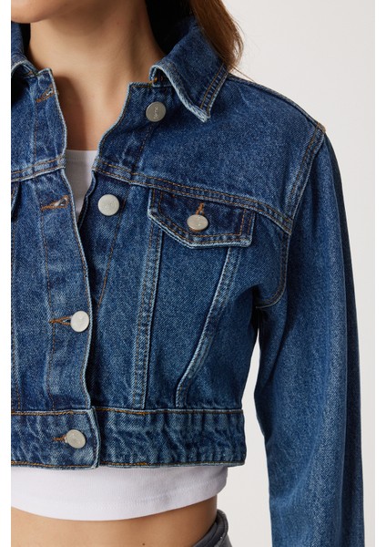Polo Yaka Crop Denim Ceket LFG0177 Mavi fırsatları