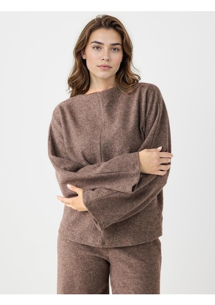 Kahve Melanj Rahat Kesim Yarasa Kol Yumuşak Dokulu Sweatshirt