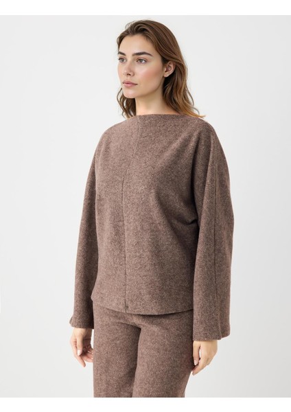 Kahve Melanj Rahat Kesim Yarasa Kol Yumuşak Dokulu Sweatshirt modelleri