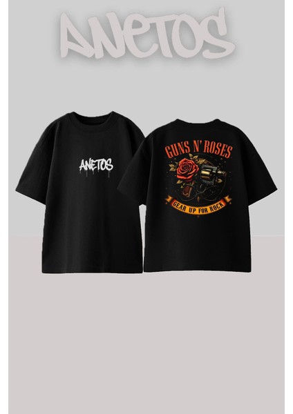 Guns N' Roses 4 Tasarım Sırt Baskılı Pamuk Siyah Oversize T-Shirt