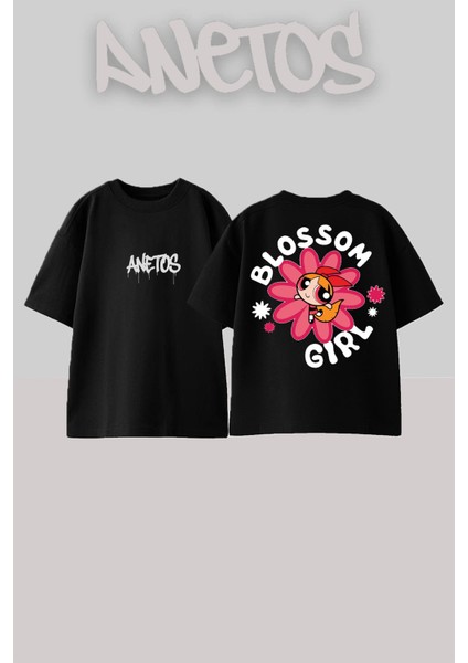 Blossom Girl Tasarım Sırt Baskılı Pamuk Siyah Oversize T-Shirt