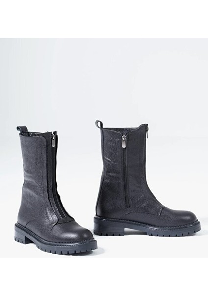 Laura 35&42 Numarahakiki Deri Kadin Uzun Bot Fermuarli Kaymaz Taban