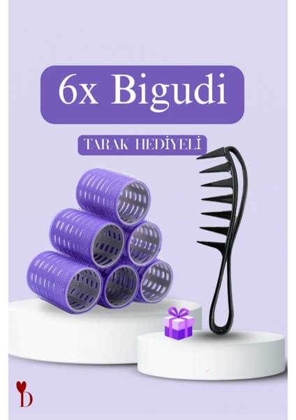 Büyük Boy Bigudi 6lı Cırtlı Yapışkanlı Saç Bigudisi Saç Şekillendirici Mor-Pembe 5cm