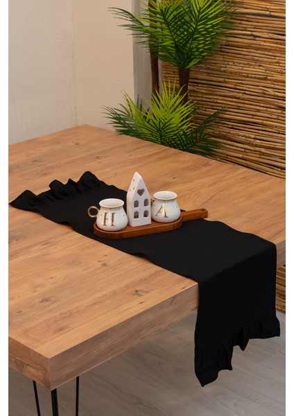 Lira | Siyah Naturel Keten Çift Fırfırlı Runner 40 x 110