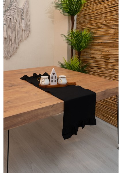 Lira | Siyah Naturel Keten Çift Fırfırlı Runner 40 x 110 modelleri