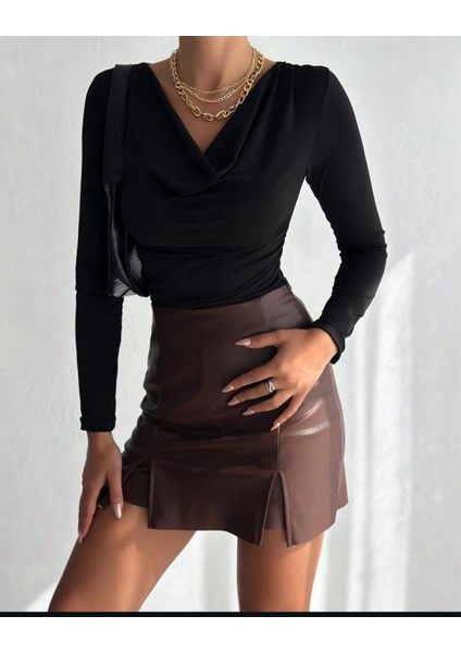 Degaje Yaka Drapeli Uzun Kollu Slim Fit Bluz