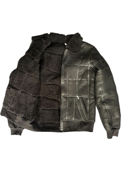 Patchwork Kürk-Süet Hakiki Deri Yakalı Biye ve Triko Detaylı Mont