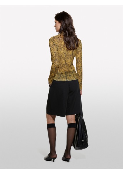 Baskılı Dar Kesim Yüksek Yaka Uzun Kollu T-Shirt Kadın Sarı Baskılı T-Shirt - 324A34GGL200R