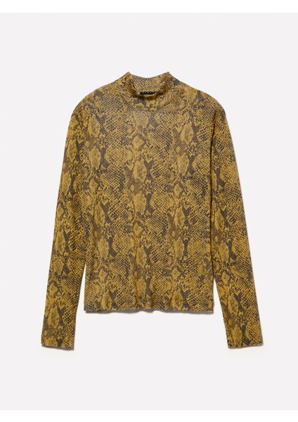 Baskılı Dar Kesim Yüksek Yaka Uzun Kollu T-Shirt Kadın Sarı Baskılı T-Shirt - 324A34GGL200R modelleri