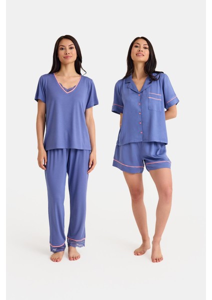 Dream Gri Mavi Viskon 4 Parça Pijama takım seti